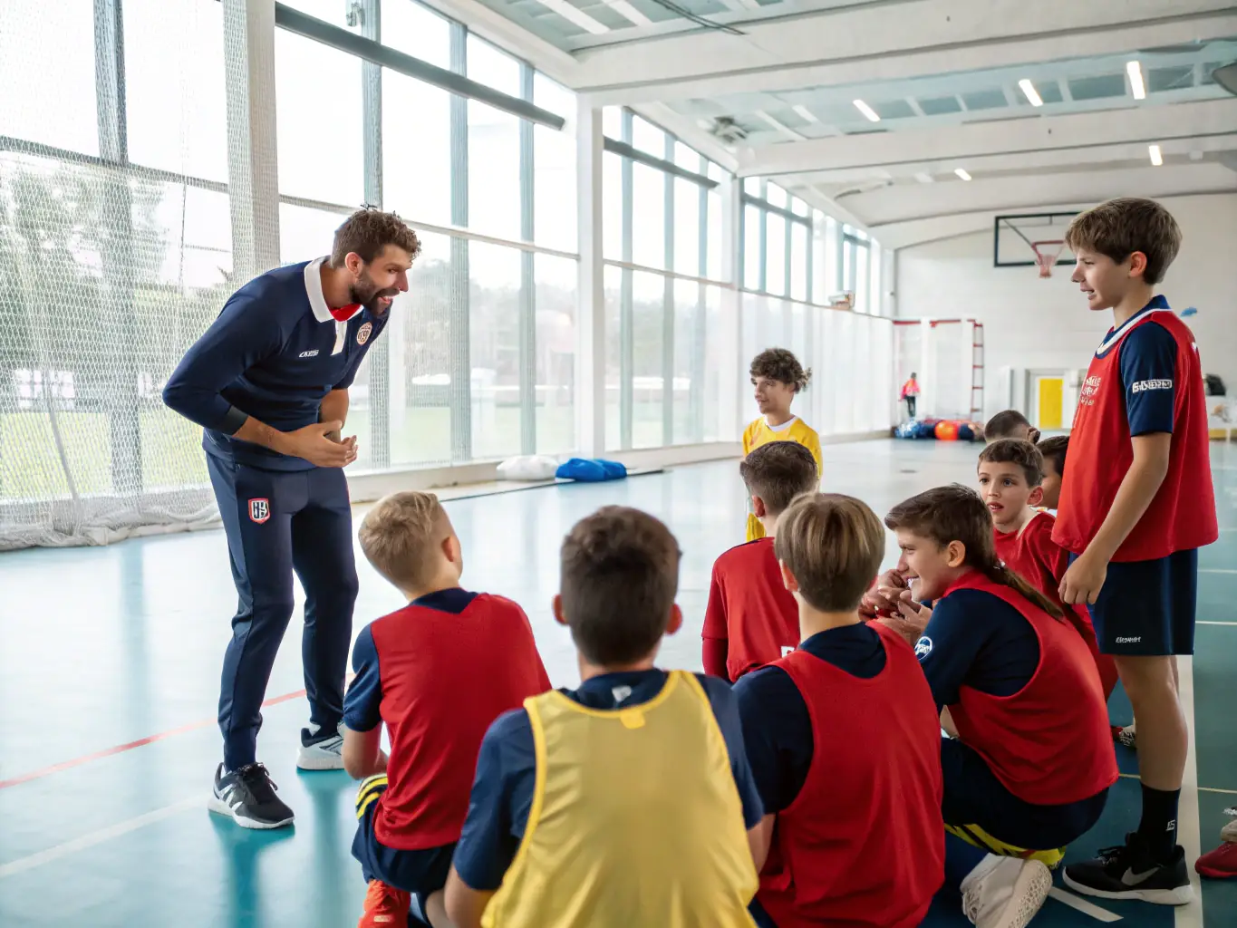 A photograph capturing a sports education workshop, where participants are actively engaged in learning about sports nutrition and training strategies. The setting is a classroom with interactive displays.