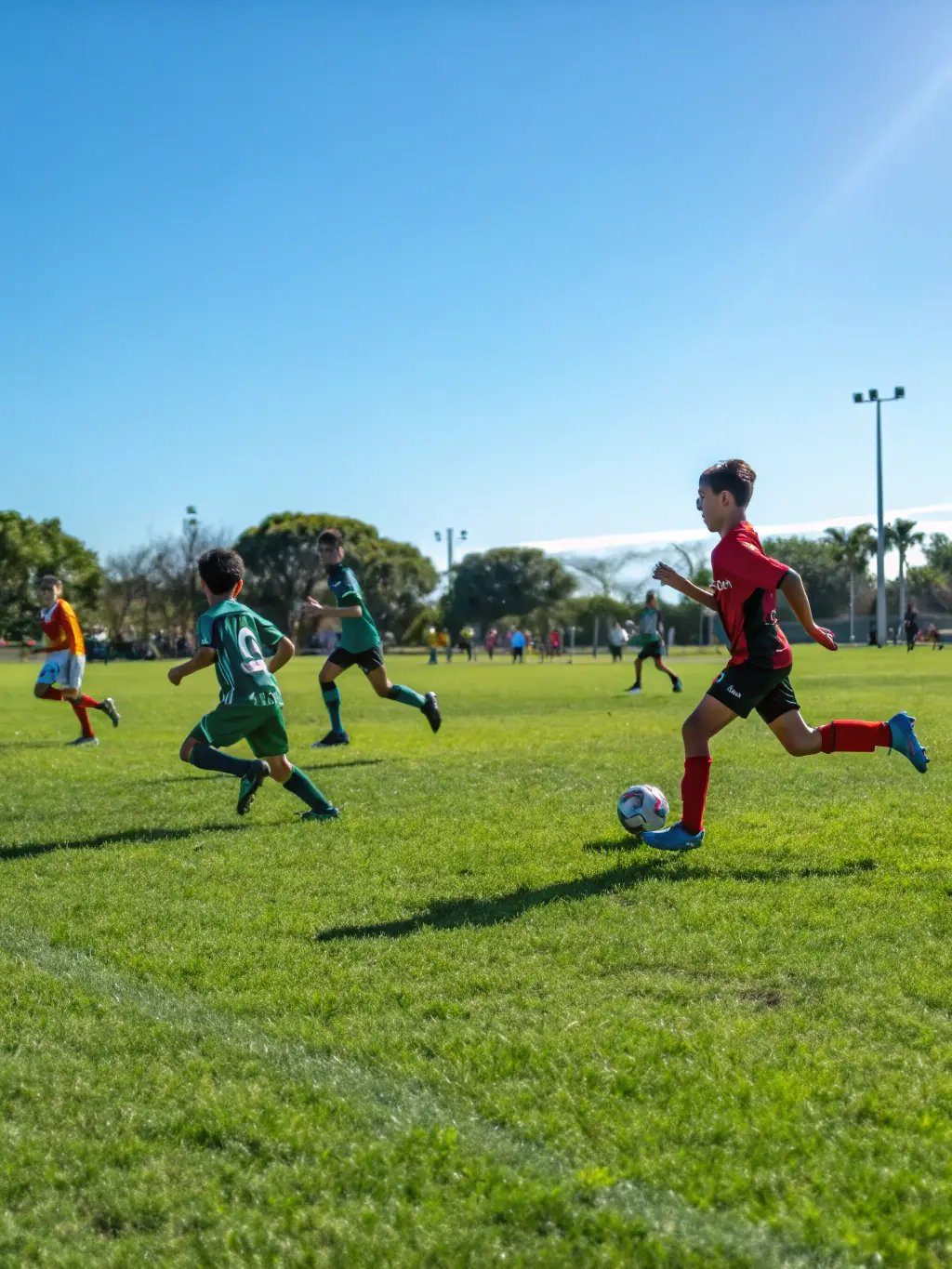 A photograph of young athletes participating in a soccer training session, showcasing teamwork and skill development, set against a backdrop of a sunny sports field.