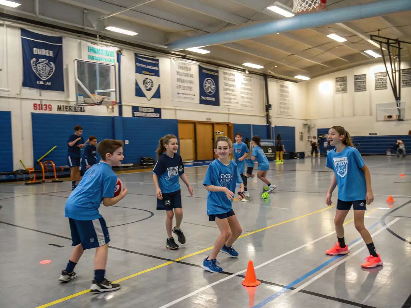 A vibrant image of children participating in an educational sports activity, led by a qualified instructor. The setting is a school gymnasium with colorful equipment, emphasizing the fun and engaging nature of the program.