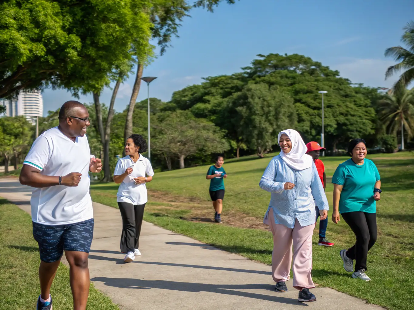 An inspiring image of a group of diverse individuals participating in a community sports program, such as a group fitness class or a team sport activity in a park. The image emphasizes inclusivity and community engagement.