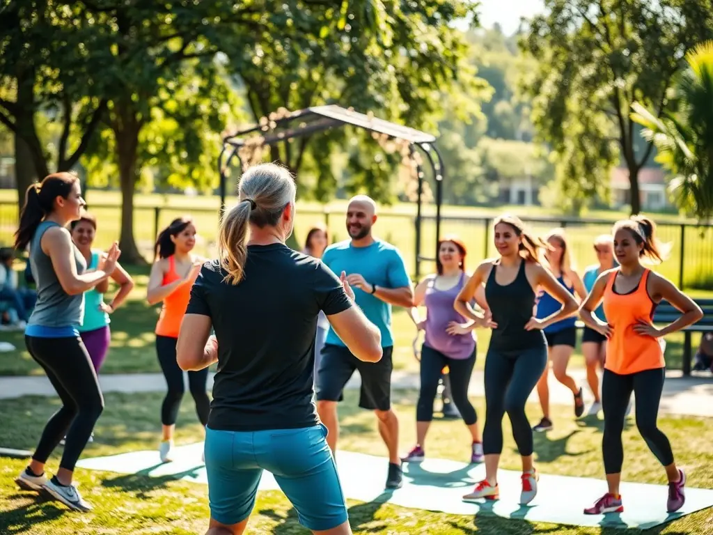 A diverse group of adults participating in a community fitness class in a park, led by an instructor. The atmosphere is energetic and inclusive.