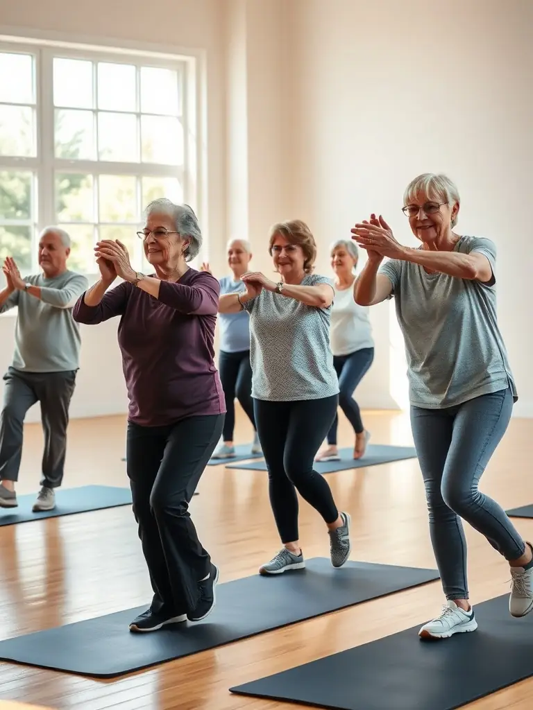 A photo of senior citizens participating in a low-impact exercise class, emphasizing the importance of fitness at all ages.