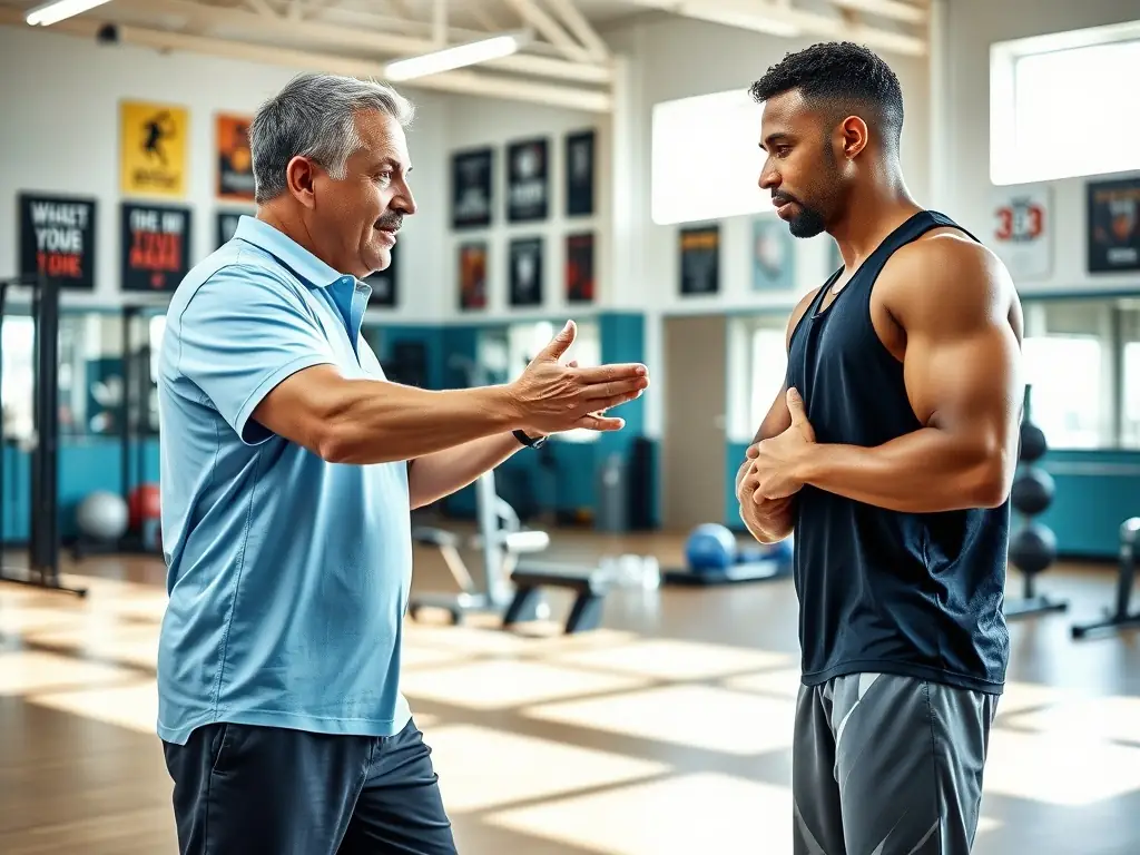 A dynamic image showcasing a personalized sports training session, with a coach guiding an athlete through tailored exercises in a well-equipped gym. The focus is on individual attention and customized training plans.