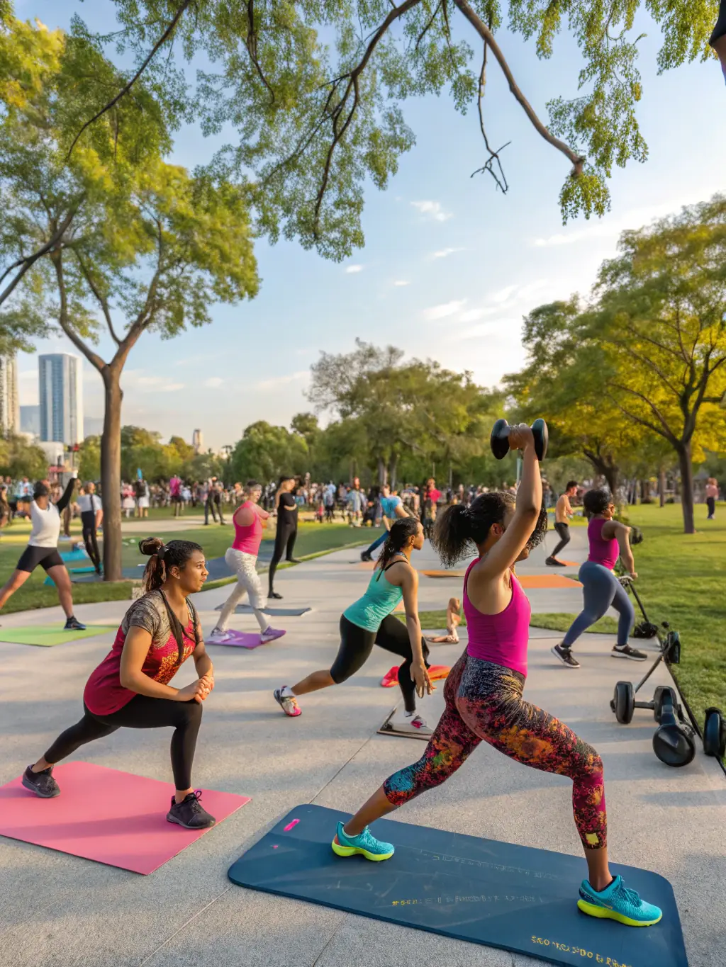 A vibrant image of people of different ages and backgrounds participating in a group fitness class outdoors, showcasing the inclusive and community-oriented aspect of SPORT OPTIMUM ASSOCIATION.