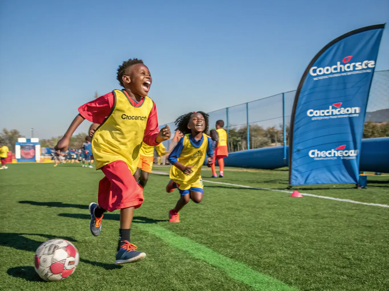 A vibrant image of children participating in an educational sports activity, such as a sports camp or a skills-building workshop, with coaches providing guidance and encouragement. The image highlights youth development and skill enhancement.