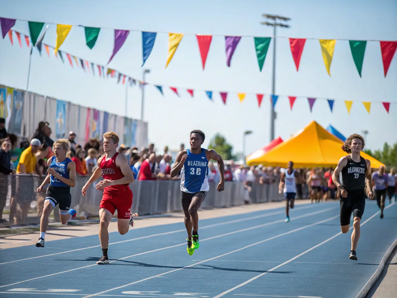 A group of young athletes participating in a track and field training session, focusing on sprinting techniques, under the guidance of a coach. The setting is a sunny outdoor track.