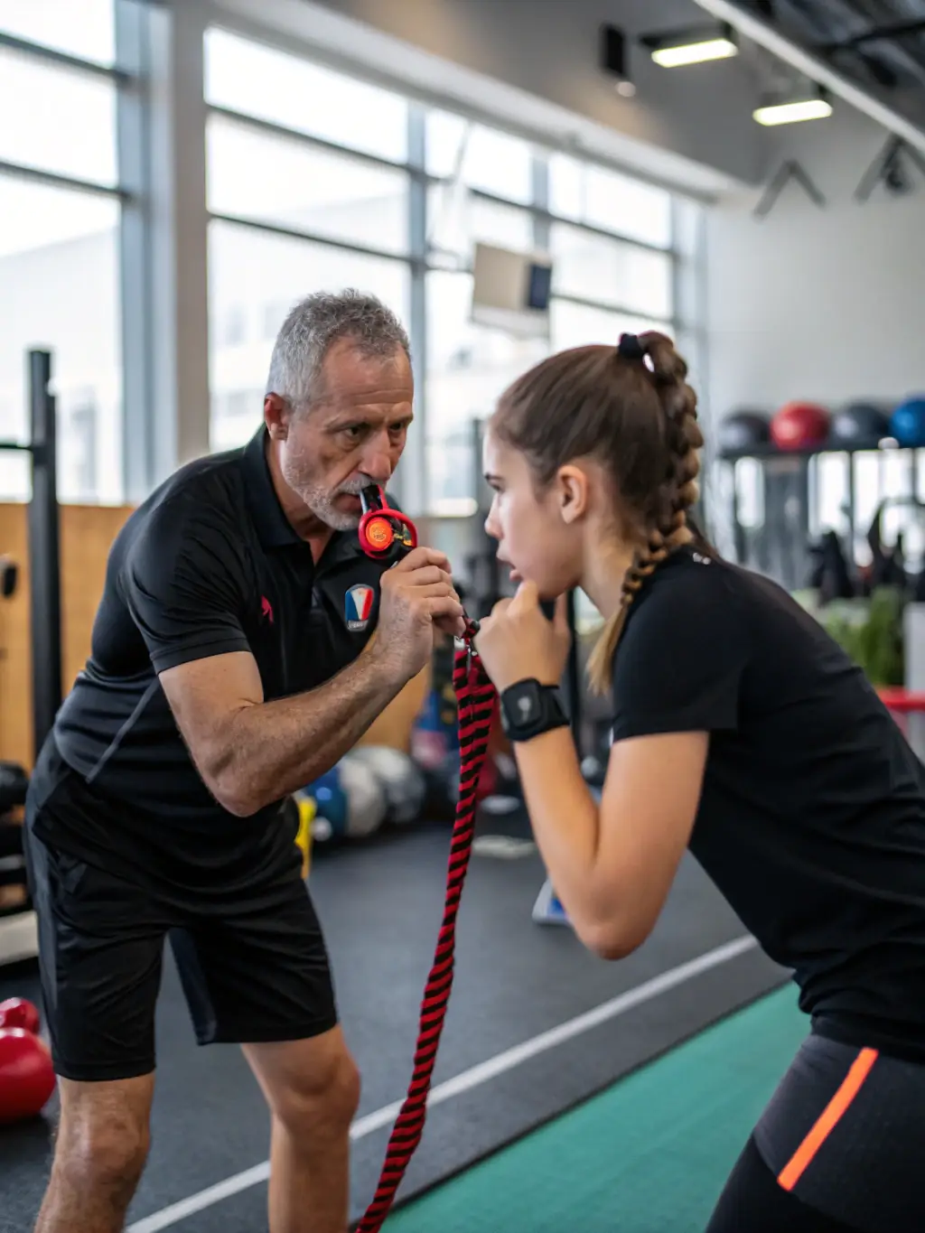 A focused image of a sports coach providing personalized feedback to an athlete during a training session, emphasizing the one-on-one attention and tailored approach.